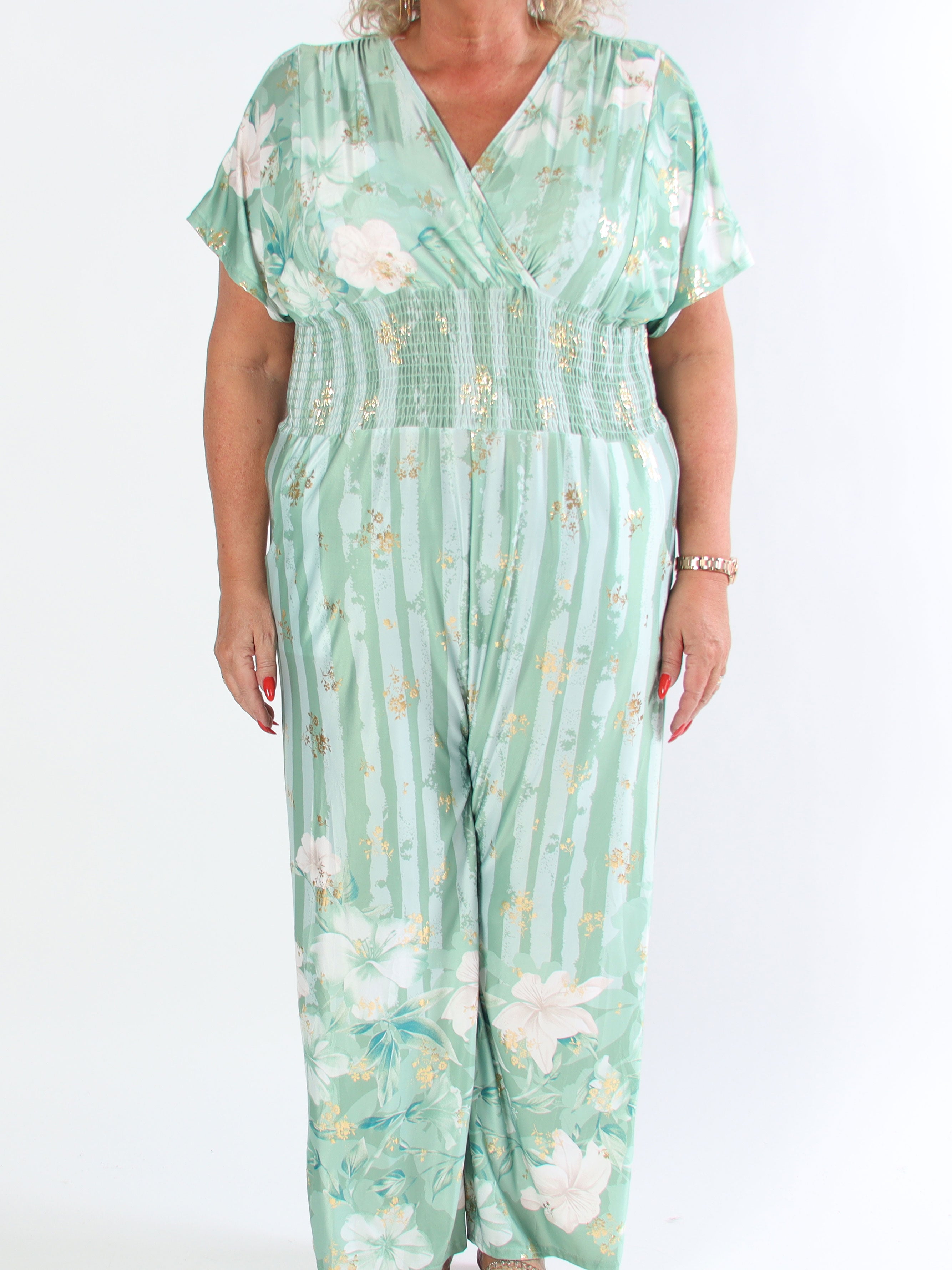 Pams Floral Stripe Jumpsuit - Stretchig plus size jumpsuit med blommotiv